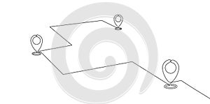 Continuous one line drawing of path with map location pointers. Map pin or navigation pointer that mark geolocation