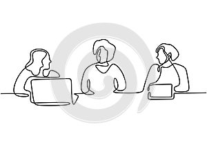 Continuous one line drawing of people meeting for business. Client and marketing agency talking concept. Minimalism design vector