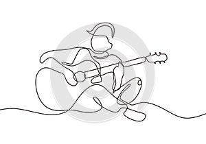 Continuous one line drawing of person playing acoustic guitar instrument. Guy sit and relax play song to make him happy in leisure photo