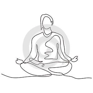 Continuous one line drawing of person sitting in lotus position for yoga exercise or meditation. Vector illustration minimalism