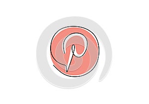 Continuous one line drawing of pinterest icon. Popular social network logo symbol. Pinterest is a web and mobile application