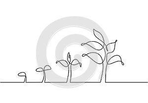 Continuous one line drawing Plant growth process. Plants grow isolated on white background or plant seed, growing