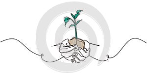 Continuous one line drawing of plant in hand. Hands holding nature sign and symbol vector illustration. Minimalism design and