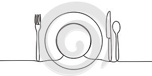 Continuous one line drawing of plate, knife, spoon, and fork. Concept of food theme. Minimalism design symbol and sign