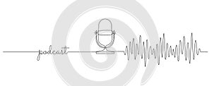 Continuous one line drawing of podcast microphone and sound wave. Vintage old mike in simple linear style for banner