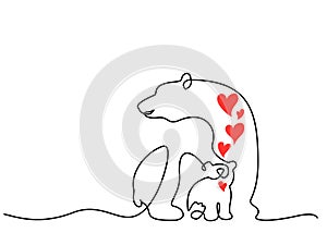 Continuous one line drawing. Polar bear with baby cub
