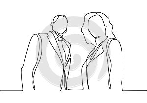 Continuous one line drawing of portrait of businessman and businesswoman standing . Illustration of boss or CEO company and