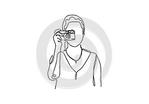 Continuous one line drawing of portrait of girl taking picture with camera. Photography concept of young woman. Vector