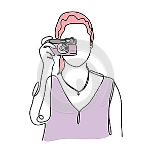 Continuous one line drawing of portrait of woman holding camera to taking picture. Photographer concept minimalism design with