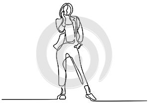 Continuous one line drawing of pretty woman wearing blazer. Young beautiful lady with blazer or outer look very elegant. Two in