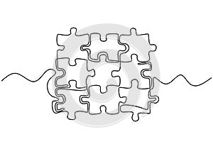 Continuous one line drawing of puzzle jigsaw pieces. Problem solving and solution business metaphor sign and symbol