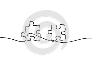 Continuous one line drawing of puzzle jigsaw pieces. Problem solving and solution business metaphor sign and symbol