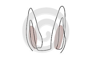 Continuous one line drawing of rabbit ears. Line art of funny Easter bunny ears. Isolated on a white background