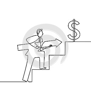 Continuous one line drawing. Reach the target. Businessman climbing stairs to the target. Concept business vector illustration Bla