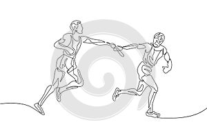 Continuous one line drawing relay race, runner passes the baton. Teamwork concept.