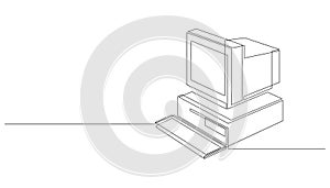 Continuous one line drawing of retro personal computer. Vintage cpu with analog monitor and keyboard drawn by single