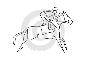 Continuous one line drawing rider on horseback. young horse rider man in jumping action. Equine training at racing track. Elegant