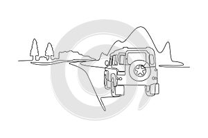 Continuous one line drawing road trip concept. Design vector graphic illustration.