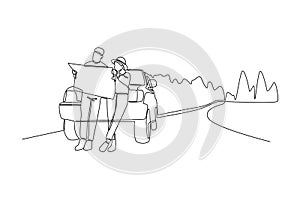 Continuous one line drawing road trip concept. Design vector graphic illustration.