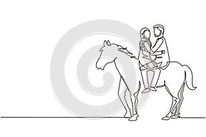 Continuous one line drawing of romantic Arabian couple in love riding horse. Happy couple getting ready for wedding. Engagement