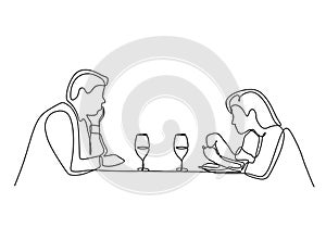 Continuous one line drawing of romantic dinner of couple dating. Romance and love moment of beauty girl and handsome man sitting