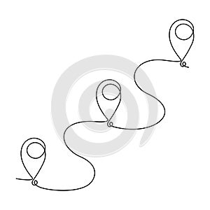 Continuous one line drawing of route. Location pointers. Travel concept, vector illustration