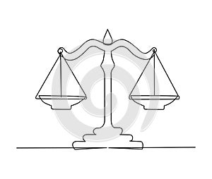 Continuous one line drawing of scales. scales of justice line art vector illustration