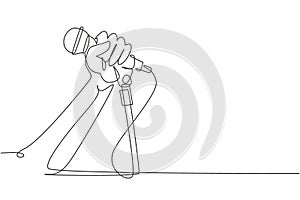 Continuous one line drawing singer using microphone. Karaoke people sings the song to microphone. Stand up comedian holding