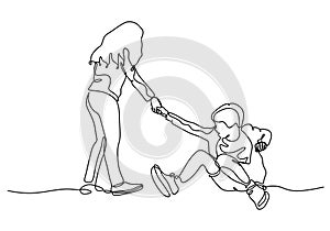 Continuous one line drawing of Sister help her little brother. Act of kindness within childhood theme. Young girl and child boy.