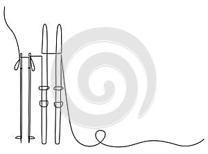 Continuous one line drawing of skis and ski poles. Vector illustration
