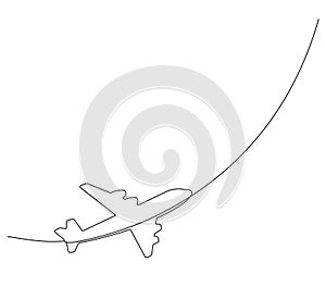 Continuous one line drawing. Soaring plane with flight path on a white background