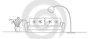 Continuous one line drawing of sofa and loft lamp and plant. Scandinavian stylish furniture in simple Linear style