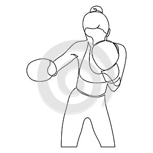 Continuous one line drawing of sporty boxer woman punching use gloves. Vector illustration.