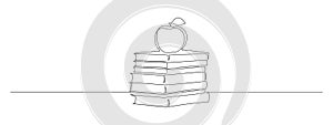 Continuous one line drawing of stack of books with apple. Education and knowledge library concept in simple linear style