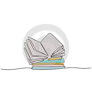 Continuous one line drawing of stack of books. Vector minimalism with colors