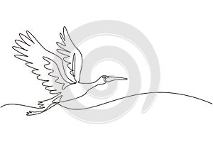 Continuous one line drawing storks flying in sky. Bird as symbol for baby shower, delivery, news, pregnancy. Spring mood concept.