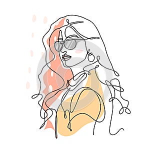 Continuous one line drawing of a stylish girl wearing sunglasses isolated on abstract background