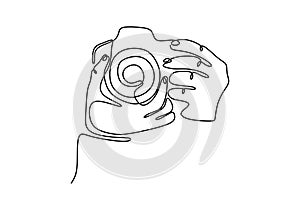 Continuous one line drawing of taking picture with digital camera vector minimalism black and white