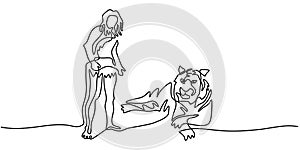 Continuous one line drawing of tarzan and big Tiger isolated on white background