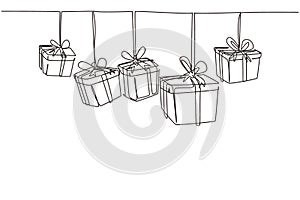 Continuous one line drawing template gifts box with party concept. Bday presents cardboard box or banner template with happy