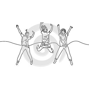 Continuous one line drawing three jumping girls