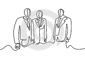 Continuous one line drawing of three persons as business team