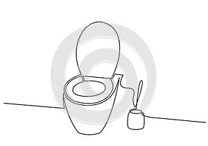 Continuous one line drawing of toilet bowl and toilet brush vector illustration. WC black line sketch isolated on white