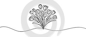 Continuous one line drawing tulips. Spring flowers concept. Single line draw design vector illustration