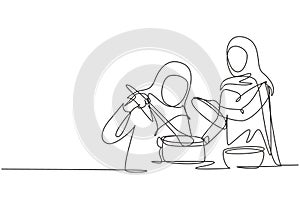 Continuous one line drawing two Arabian woman enjoying smell of cooking from pot. Prepare food at cozy kitchen. Cooking at home.