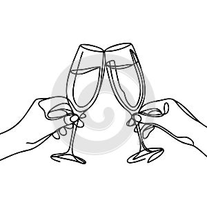 Continuous one line drawing of two glasses of red wine.
