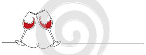 Continuous one line drawing of two glasses of red wine. Toast and cheers with splash in simple linear style. Alcohol and