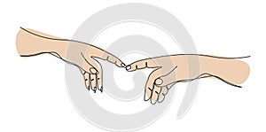 Continuous one line drawing two hands touch each other. Reconciliation concept. The concept of tender relationships, mutual