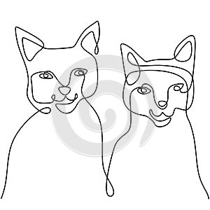 Continuous one line drawing of two happy cat funny faces. A kitten couple is sitting isolated on white background. Doodle animals