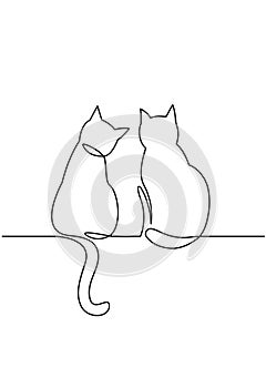 Continuous one line drawing of two happy cats silhouettes.